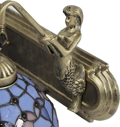 Wall Sconce Lighting with Mermaid 2-Light Antique Wall Light Fixture Stained Glass Bowl Shade Bronze Finish Retro Vintage Wall Lamp for Bedroom Hallway Stairway Balcony Bathroom (Blue)