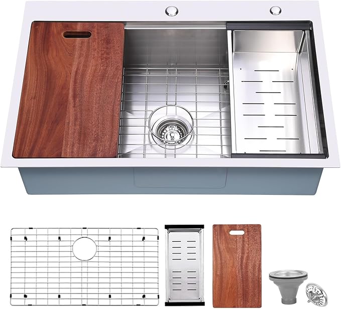 33x22" Drop-in Kitchen Sink Workstation 3D Embossed Surface- 18-Gauge 9" Depth Stainless Steel Single Bowl Top Mount with Accessories