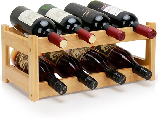 Bamboo Wine Rack, 2-Tier 8 Bottles Wine Storage Cabinet Shelf, Easy-Assembly Freestanding Bamboo Wine Racks Countertop for Kitchen Pantry Dining Room Bar, Natural