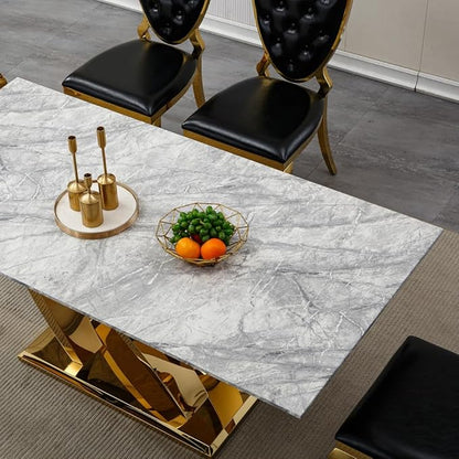 Modern Luxurious Rectangular Dining Table for 6-8, MDF Kitchen Table with Heavy-Duty Irregular Base, Faux Marble Heat-Resistant Furniture for Dining Room & Family Gatherings (Gold)