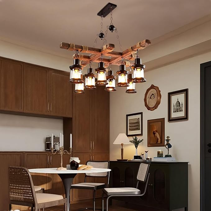Wooden Chandelier 8 Lights Industrial Chandelier Retro Wood Lamp Pendant Lights Farmhouse Ceiling Lighting Lamp Fixture Dining Room Light Fixture Glass Lampshade for Homes, Bars, Restaurants, Cafes
