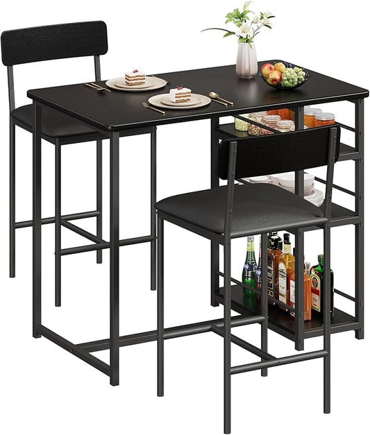 Bar Table Set for 2 with 3 Storage Shelves, Space-Saving Kitchen Table & Chairs with PU Cushions, Thick MDF Wood Top and Steel Frame for Apartment and Bistros - Black