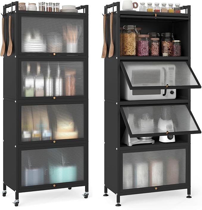 Giantex 5-Tier Kitchen Storage Cabinet, Mobile Microwave Stand with Flip-up PC Doors, Freestanding Kitchen Bakers Rack with 4 Rolling Casters, for Dining Room, Living Room and Study, Black