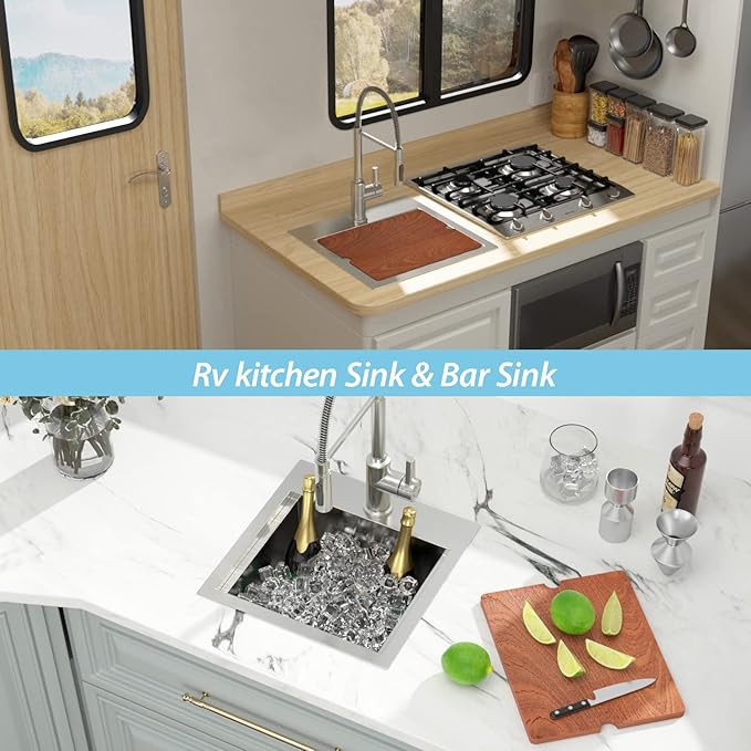 Kichae Drop In Bar Sink- 15 x 15 Small RV Sink Topmount 16 Gauge Stainless Steel Single Bowl Ledge Workstation Wet Bar Prep Kitchen Sinks Patio Handmade Basin with Cutting Board & Rack