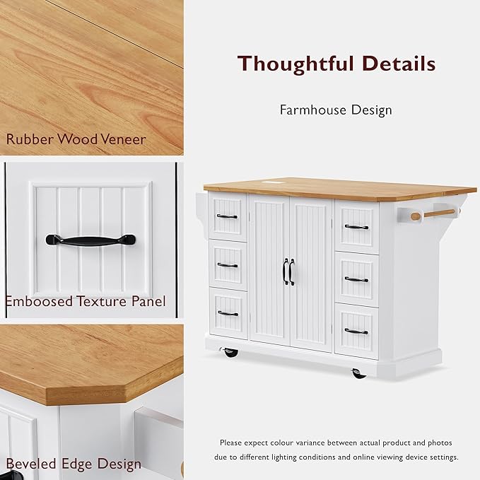 Merax Farmhouse 56 Inch Kitchen Island on Wheels with Drop Leaf Table & Power Outlet, Rubber Wood Kitchen Rolling Cart with Towel Rack, 6 Drawers & Cabinet, White