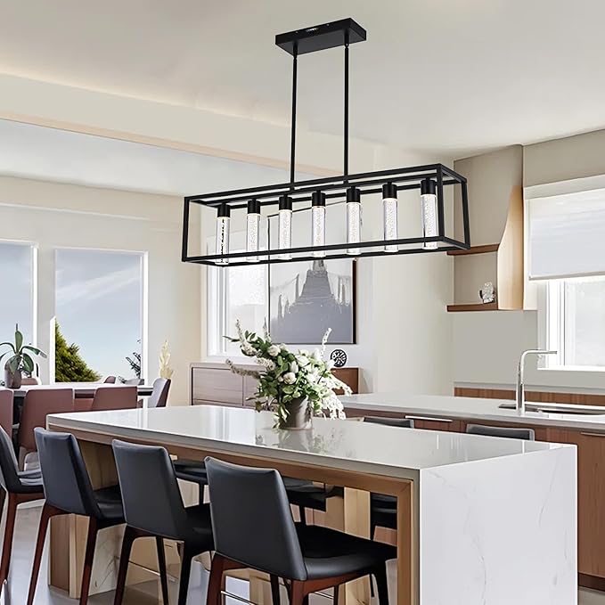 MELUCEE 7 Lights Modern Kitchen Island Lights 35W Dining Table Light Fixture with Crystal Bubble 5 Color Black Pendant Lights Kitchen Island, Integrated LED Chandelier for Dining Room Billiard Room