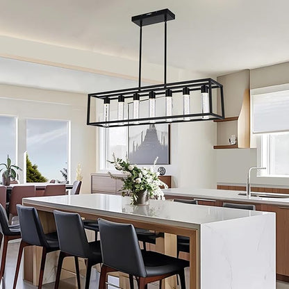MELUCEE 7 Lights Modern Kitchen Island Lights 35W Dining Table Light Fixture with Crystal Bubble 5 Color Black Pendant Lights Kitchen Island, Integrated LED Chandelier for Dining Room Billiard Room