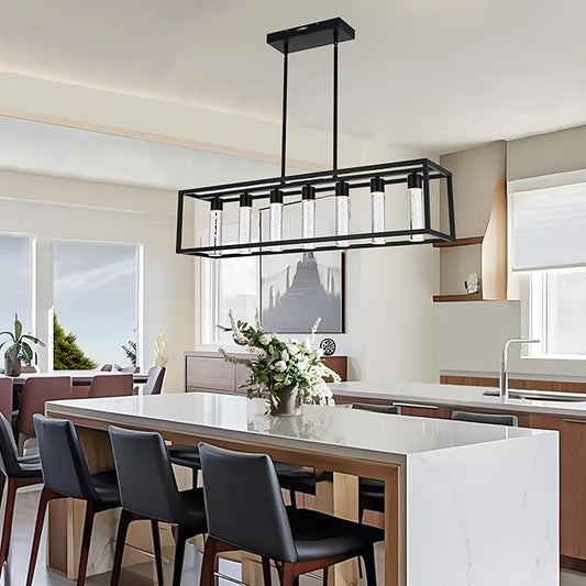 MELUCEE 7 Lights Modern Kitchen Island Lights 35W Dining Table Light Fixture with Crystal Bubble 5 Color Black Pendant Lights Kitchen Island, Integrated LED Chandelier for Dining Room Billiard Room