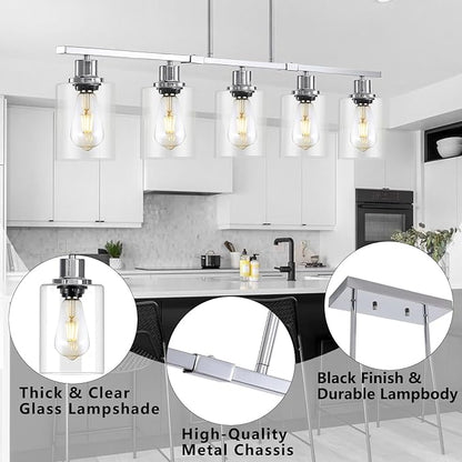 39.4" Kitchen Island Lighting, 5 Lights Clear Glass Pendant Light Fixtue, Chrome Linear Metal Chandelier for Dining&Living Room Foyer,Height Adjustable,E26 Socket