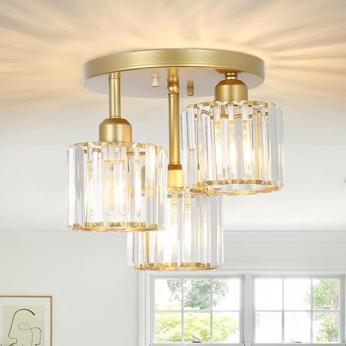 PAUFUL Modern Semi Flush Mount Ceiling Light,3-Light Golden Crystal Close to Ceiling Light Fixtures,Kitchen Light Fixtures with Clear Crystal Shade,Hallway Light Fixtures for Hallway Bedroom Bathroom