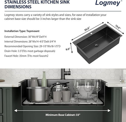 Logmey 30 In Drop in Kitchen Sink 30x19x9 PVD Nano Gun Black 16 Gauge Stainless Steel Single Bowl Sink with Bottom Grid Roll-up Drying Rack for Residential Kitchen & Utility Space