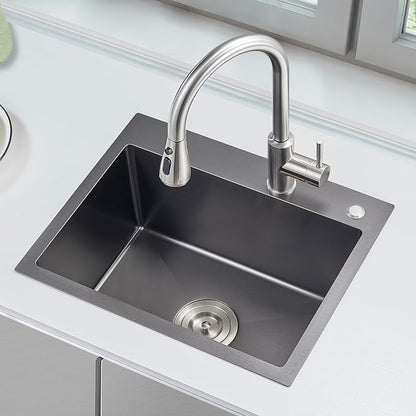 20x16 Inch Drop in Kitchen Sink, 304 Black Stainless Steel Sink, 9" Deep Single Bowl, R10 Tight Corner, 2 Pre-Drilled Holes, Topmount Installation,for Small Kitchen/RV/Bar Sink
