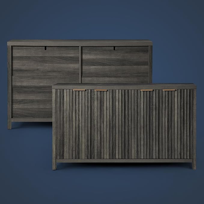 OAKHAM HOME Fluted Sideboard Buffet Cabinet with Storage, 56" Large Buffet Modern Credenza with Adjustable Shelves, Farmhouse Media Console Storage Cabinets for Living Room Entryway, Black