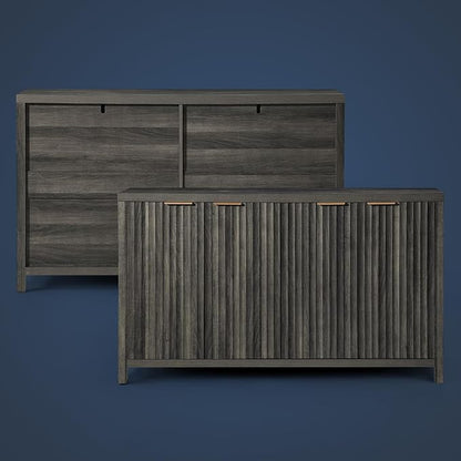 OAKHAM HOME Fluted Sideboard Buffet Cabinet with Storage, 56" Large Buffet Modern Credenza with Adjustable Shelves, Farmhouse Media Console Storage Cabinets for Living Room Entryway, Black