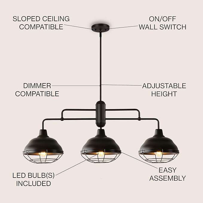 JONATHAN Y 40.5" Oil Rubbed Bronze 3-Light Industrial Farmhouse LED Pendant Light Fixture for Kitchen Island, Dining Room, Adjustable Hanging Ceiling Lamp, Iron Cage Metal Shade (JYL1119A)