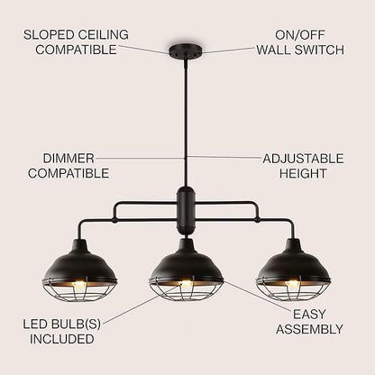 JONATHAN Y 40.5" Oil Rubbed Bronze 3-Light Industrial Farmhouse LED Pendant Light Fixture for Kitchen Island, Dining Room, Adjustable Hanging Ceiling Lamp, Iron Cage Metal Shade (JYL1119A)