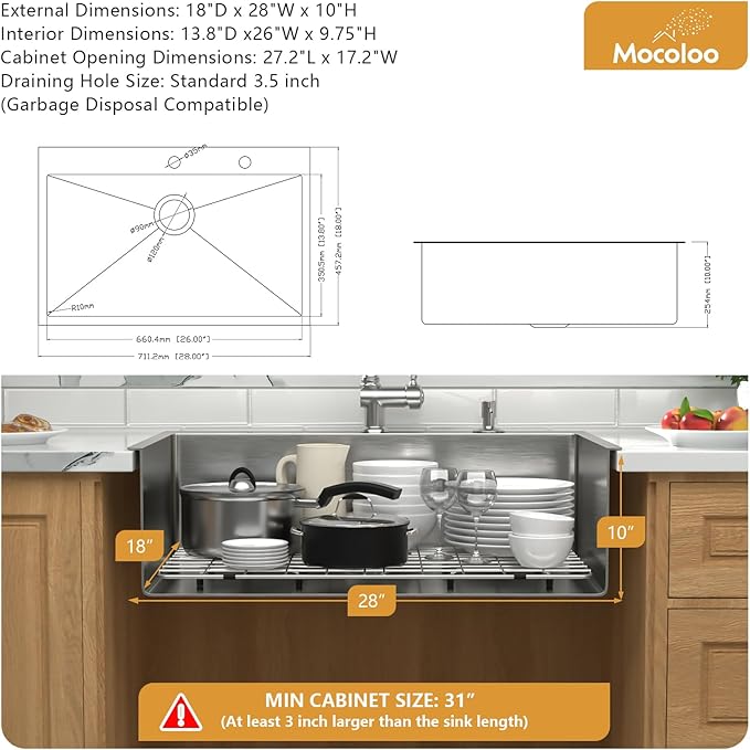 Mocoloo 28 Inch Drop In Kitchen Sink - 28 x 18 Stainless Steel Kitchen Sinks Topmount 16 Gauge Single Bowl Above Counter Handmade Sink, 10'' Deep Basin