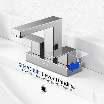 Bathroom Sink Faucet, Hurran 4 inch Chrome Bathroom Faucets for Sink 3 Hole with Pop-up Drain and Supply Lines, Stainless Steel 2-Handle Faucet for Vanity RV Restroom, 2 Pack