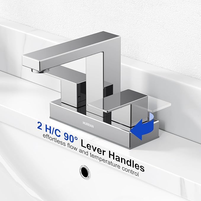 Bathroom Sink Faucet, Hurran 4 inch Chrome Bathroom Faucets for Sink 3 Hole with Pop-up Drain and Supply Lines, Stainless Steel 2-Handle Faucet for Vanity RV Restroom