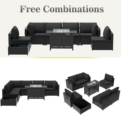 Patio Furniture Set 7 Pieces Conversation Set Wicker Outdoor Sectional Sofa,Ergonomic Armrests Couch with Cushion and Glass Table (Black-Black, 8 Piece-Fire Table)