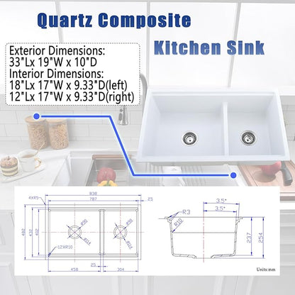 33x19 White Double Bowl Kitchen Sink Undermount - 33 Inch White Undermount Granite Kitchen Sink, Double Bowl Granite Sink Workstation with Accessories