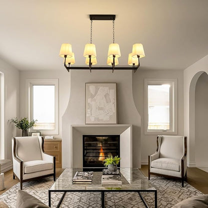Farmhouse Chandeliers, 8-Light Black Chandeliers for Dining Room with White Fabric Shade, Adjustable Hanging Pendant Lighting for Kitchen Island Living Room