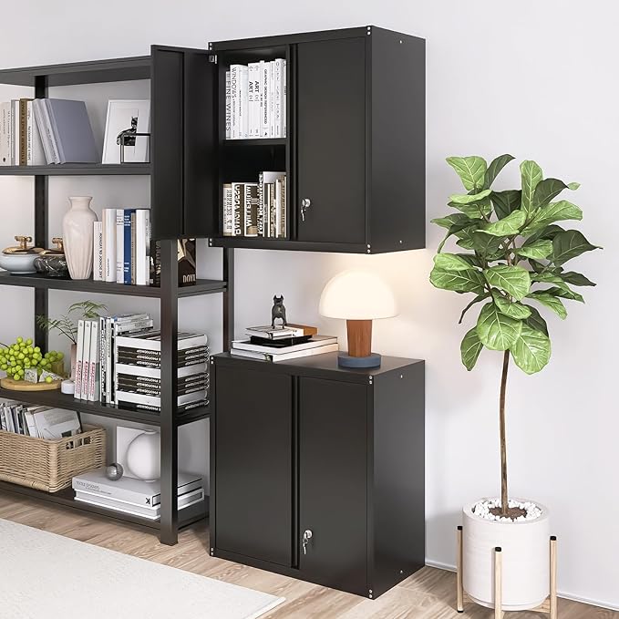 Metal Wall Cabinet, Steel Cabinet Wall Mounted, Lockable Storege Cabinet with Doors and Shelves, Upper Cabinets for Home Office, Pantry, Garage, Black