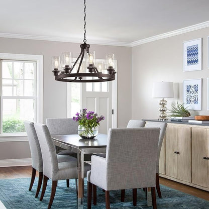 Lanhall 8-Light Farmhose Chandelier for Dining Room Light Fixture Oil Rubbed Bronze Kitchen Pendant Light Round Rustic Ceiling Hanging Lighting with Glass Globes Adjustable Height Metal E26