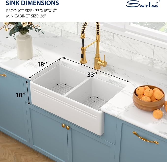 Sarlai 33 White Farmhouse Sink Double Bowl - 33x18 Inch Kitchen Sink Apron Front Double Bowl 50/50 White Porcelain Ceramic Fireclay Kitchen Farm Sinks