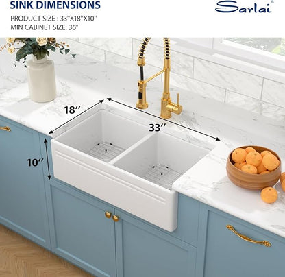 Sarlai 33 White Farmhouse Sink Double Bowl - 33x18 Inch Kitchen Sink Apron Front Double Bowl 50/50 White Porcelain Ceramic Fireclay Kitchen Farm Sinks