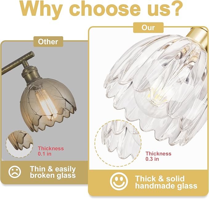 Hardwired Wall Sconces Set of Two, Vintage Wall Lights with Clear Tulip Glass Lampshade, Gold Wall Lamps for Bedroom Bedside Stairway Bathroom Living Room (Bulbs Not Included, Not Battery Powered)