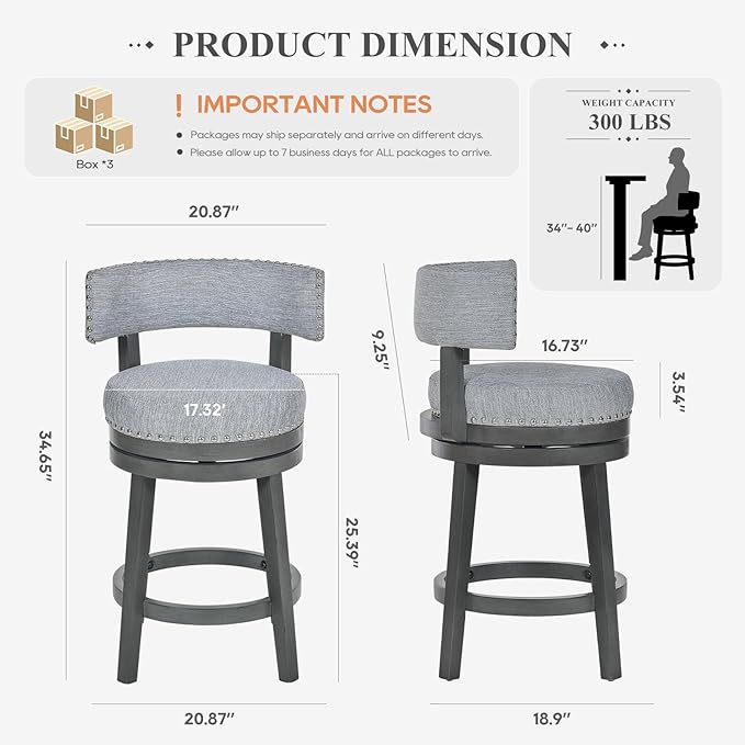COLAMY Swivel Counter Height Bar Stools Set of 3, 25 Inch Modern Upholstered Kitchen Island Barstools with Back, Wood Swivel Bar Chairs for Counter Bar Dining Room, Grey