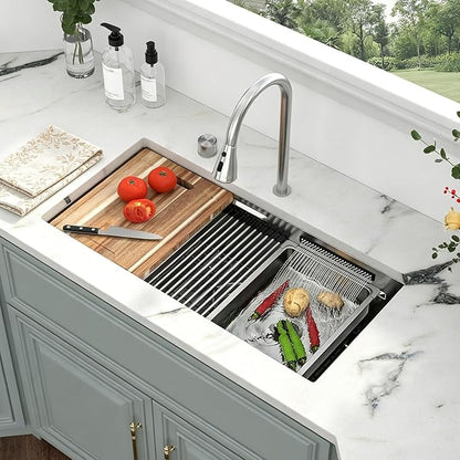 Kichae 32 Undermount Waterfall Kitchen Sink - Undermount Sink 32"x17" Ledge Workstation 16 Gauge Stainless Steel Deep Single Bowl Under Counter Handmade Basin with Wash Basin