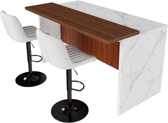 63" Kitchen Island Set with 2 Beige Bar Stools White Marble Look, LED Lighting Grill for Dining Room, Open Concept Spaces, Lounge(2 Beige Bar Stools)