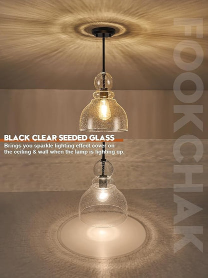 10" Seeded Glass Pendant Lights Kitchen Island Black Pendant Ceiling Light with Hand-Blown Clear Glass Over Dining Table Kitchen Sink Entryway Hallway, E26