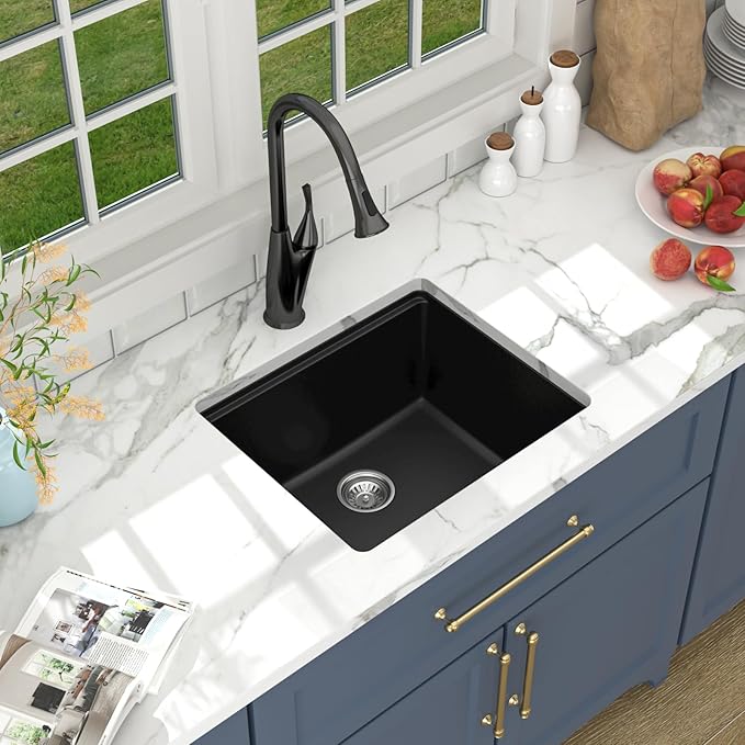 Lordear 21 Inch Granite Composite Bar Sink - 21"x18" Undermount Kitchen Sink Black Single Bowl Under Counter Ledge Workstation Bar Prep RV Basin