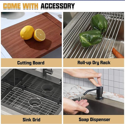 Black Stainless Steel Drop In Single Bowl Sink, 21"x18" With Dust Lid, Built-in Ledge Topmount Workstation Sink for Outdoor & Indoor Kitchens