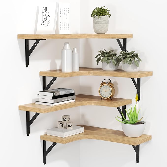 ROMGUAR CRAFT Corner Floating Shelves Wall Mounted Set of 4, Rustic Wood Storage Display Wall Shelves for Home Decor, Bathroom, Kitchen, Bedroom, Living Room, Office (Natural)