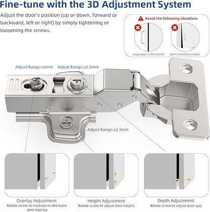 Chibery 20 Pack Half Overlay Soft Close Concealed Frameless Cabinet Hinges, Satin Nickel, 105°, Stop at Will 45-105 Degree, Self Closing, 3D Adjustment, Clip On, Stainless Steel for Cupboard Kitchen