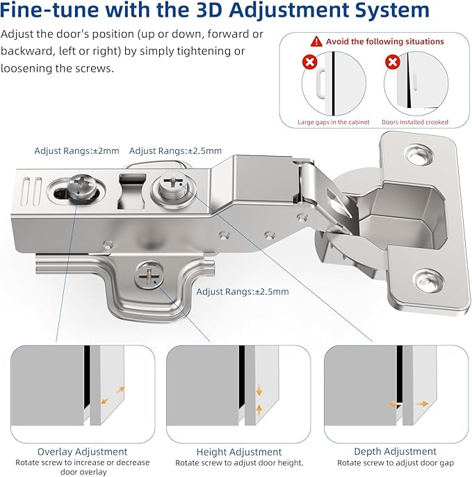 Chibery 10 Pack Half Overlay Soft Close Concealed Frameless Cabinet Hinges, Satin Nickel, 105°, Stop at Will 45-105 Degree, Self Closing, 3D Adjustment, Clip On, Stainless Steel for Cupboard Kitchen