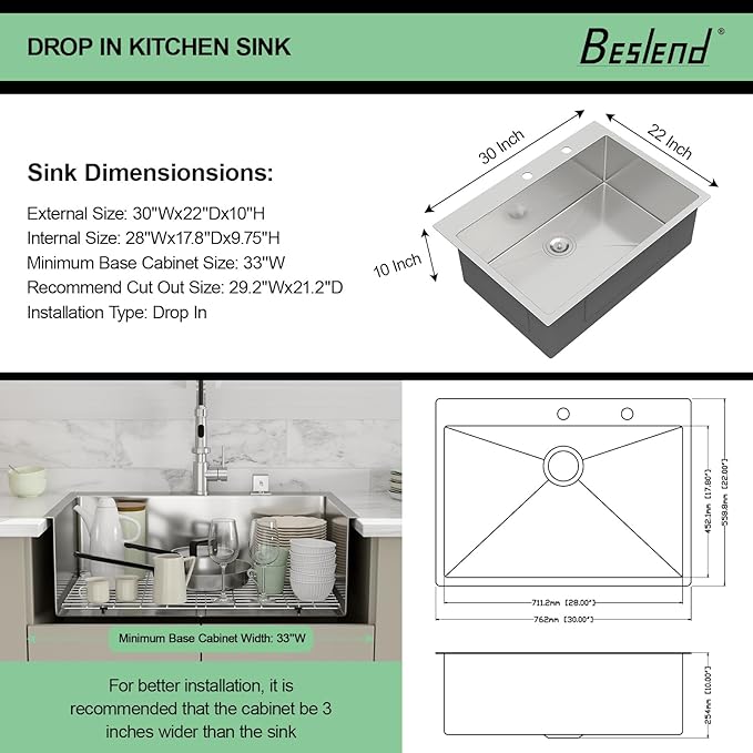30 Drop In Kitchen Sink-Beslend Stainless Steel Topmount Sinks 16 Gauge Single Bowl Handmade Kitchen Basin 30x22x10 Inch Overmount Sink