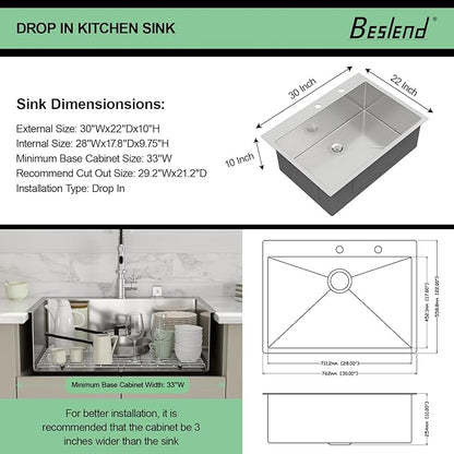 30 Drop In Kitchen Sink-Beslend Stainless Steel Topmount Sinks 16 Gauge Single Bowl Handmade Kitchen Basin 30x22x10 Inch Overmount Sink