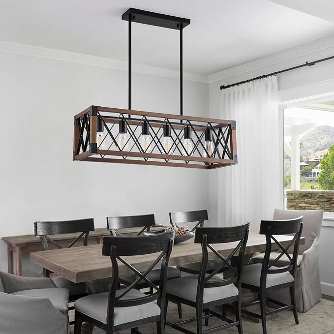 Dining Room Light Fixture/Chandelier Over Table,Matte Black Rustic Wood Ceiling Pendant Light,6-Light Kitchen Island Lighting Fixtures, Linear Farmhouse Chandeliers for Dining Room,Kitchen Island