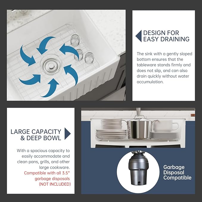 Farmhouse Sink, 24 Inch Large Undermount Kitchen Sink, 10" Deep Apron Front Farm Sinks, Ceramics White Single Bowl, Heavy Duty, Easy to Clean 24" x 18" x10"