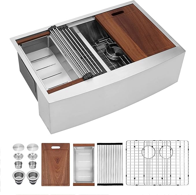 Sarlai 33 Farmhouse Sink Double Bowl - 33x22 Inch Farm Kitchen Sink Ledge Workstation Low Divide Two Basin 50/50 16 Gauge Stainless Steel Apron Front Farmer Sinks with Accessories