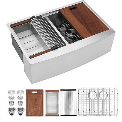 Sarlai 33 Farmhouse Sink Double Bowl - 33x22 Inch Farm Kitchen Sink Ledge Workstation Low Divide Two Basin 50/50 16 Gauge Stainless Steel Apron Front Farmer Sinks with Accessories