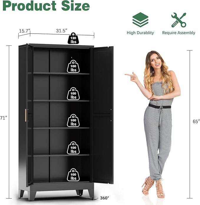 Bevivog 71" Kitchen Pantry Cabinet, Metal Storage Cabinet with 2 Doors and 4 Adjustable Shelves, Farmhouse Tall Metal Pantries Cabinets Storage for Kitchen, Home Office