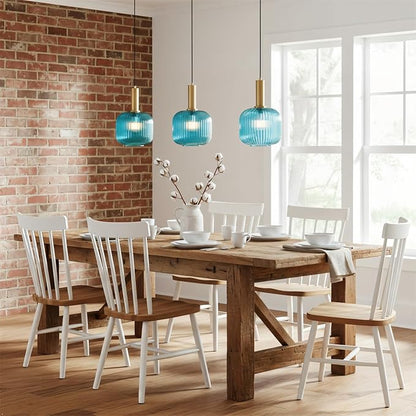 Gold Plug in Pendant Light with On/Off Switch, Blue Ribbed Glass Hanging Lamp, Adjustable Cord, Coastal Style for Kitchen, Dining Room, Living Room, Bedroom