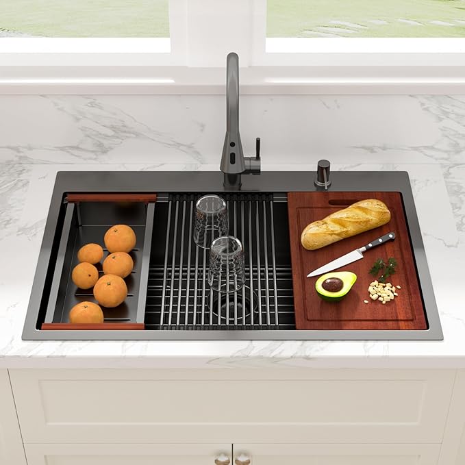 Sarlai 33 Black Kitchen Sink with Faucet- 33x22 Inch Drop In Kitchen Sink Gunmetal Black Ledge Workstation Sinks 16 Gauge Stainless Steel Single Bowl Topmount Sinks Basin with Pull-out Faucet