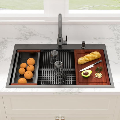 Sarlai 33 Black Kitchen Sink with Faucet- 33x22 Inch Drop In Kitchen Sink Gunmetal Black Ledge Workstation Sinks 16 Gauge Stainless Steel Single Bowl Topmount Sinks Basin with Pull-out Faucet
